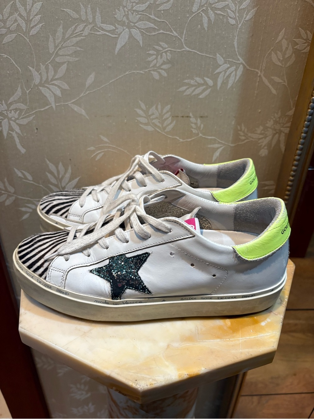 Golden Goose High Star Golden Zebra with Neon Yellow Heel and Black Glitter Star - Picture 2 of 10